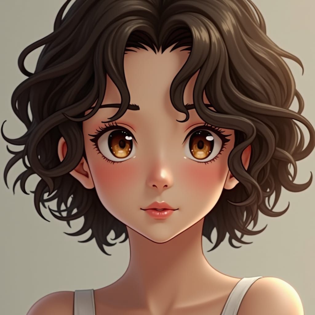 Anime-Inspired Portrait of Young Woman with Curly Hair