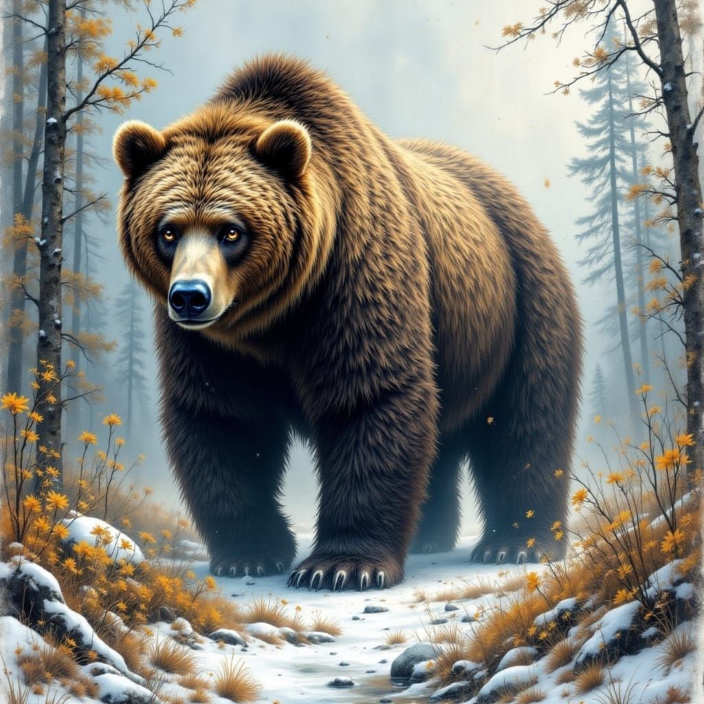 Sentient giant short-faced bear in the North American Ice Age. <lora:HRH-pawtraits:1.0>