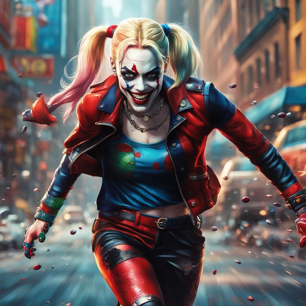 Harley Quinn Runs: Hyperrealistic Splash Art