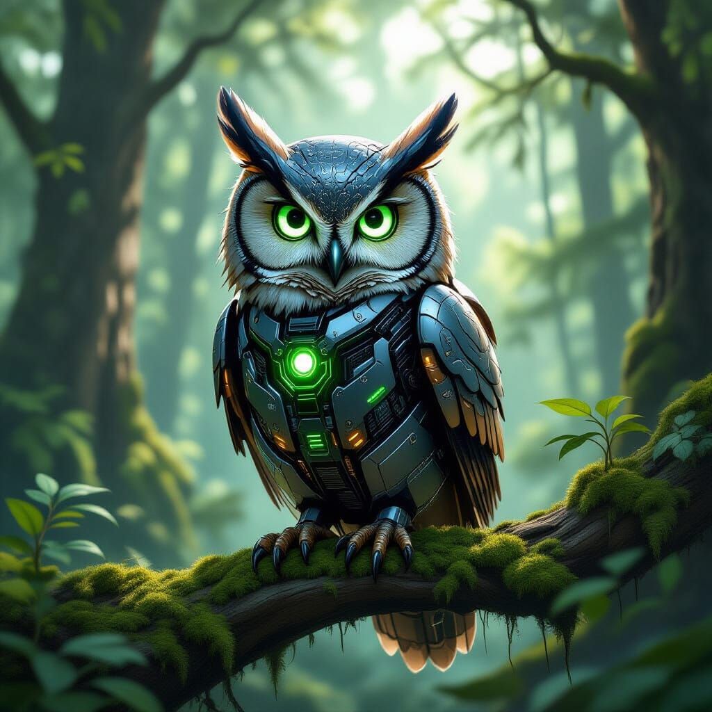 Robotic Owl with Glowing Green Eyes in Forest