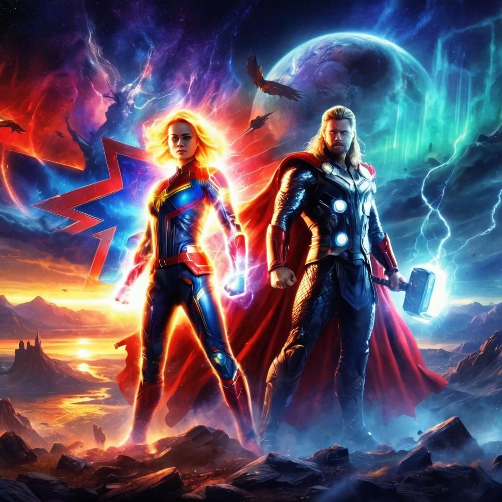 Day of Reckoning - Captain Marvel and Thor facing Hella