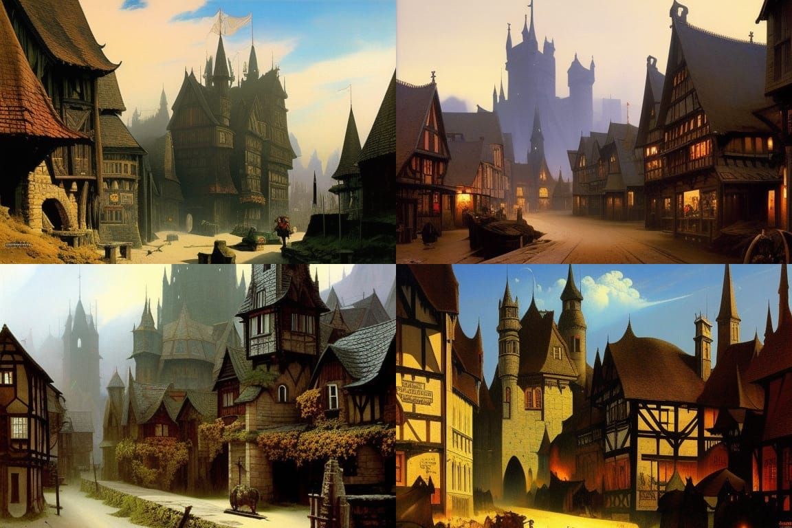 Gloomy Medieval Fantasy Town in Classic Style