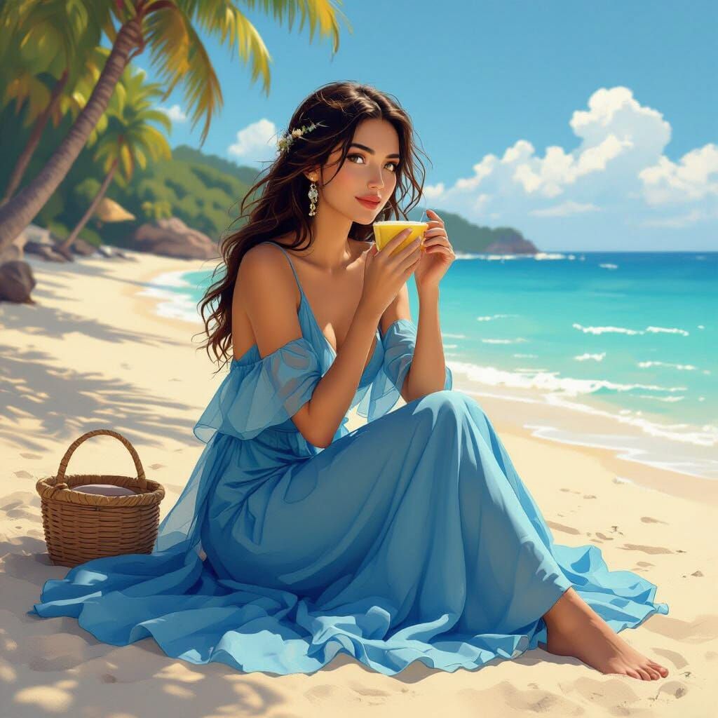 Woman in Translucent Blue Dress on Sunny Beach