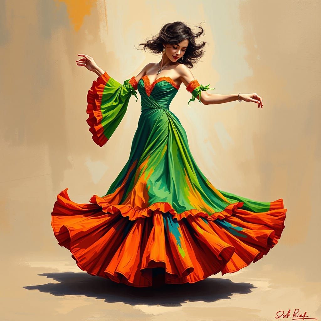 Vibrant Impasto Dance in Kaleidoscopic Flamenco Dress
