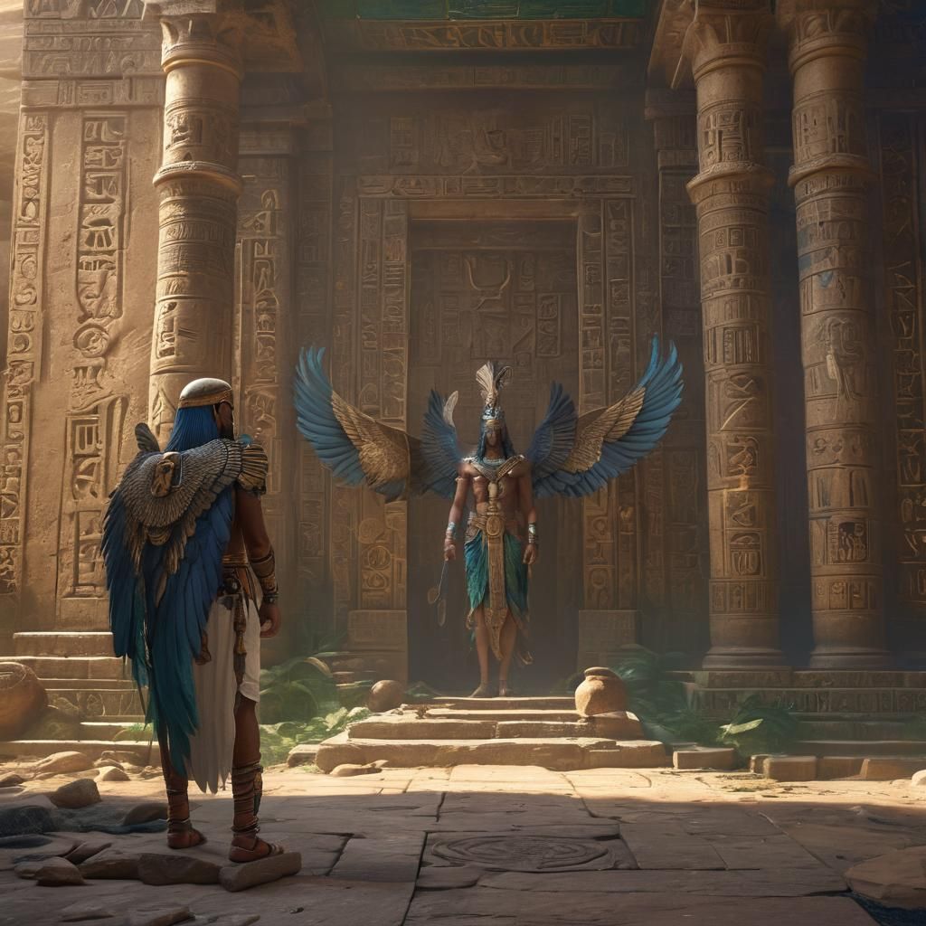 Egyptian God with Falcon Wings in Mystical Temple