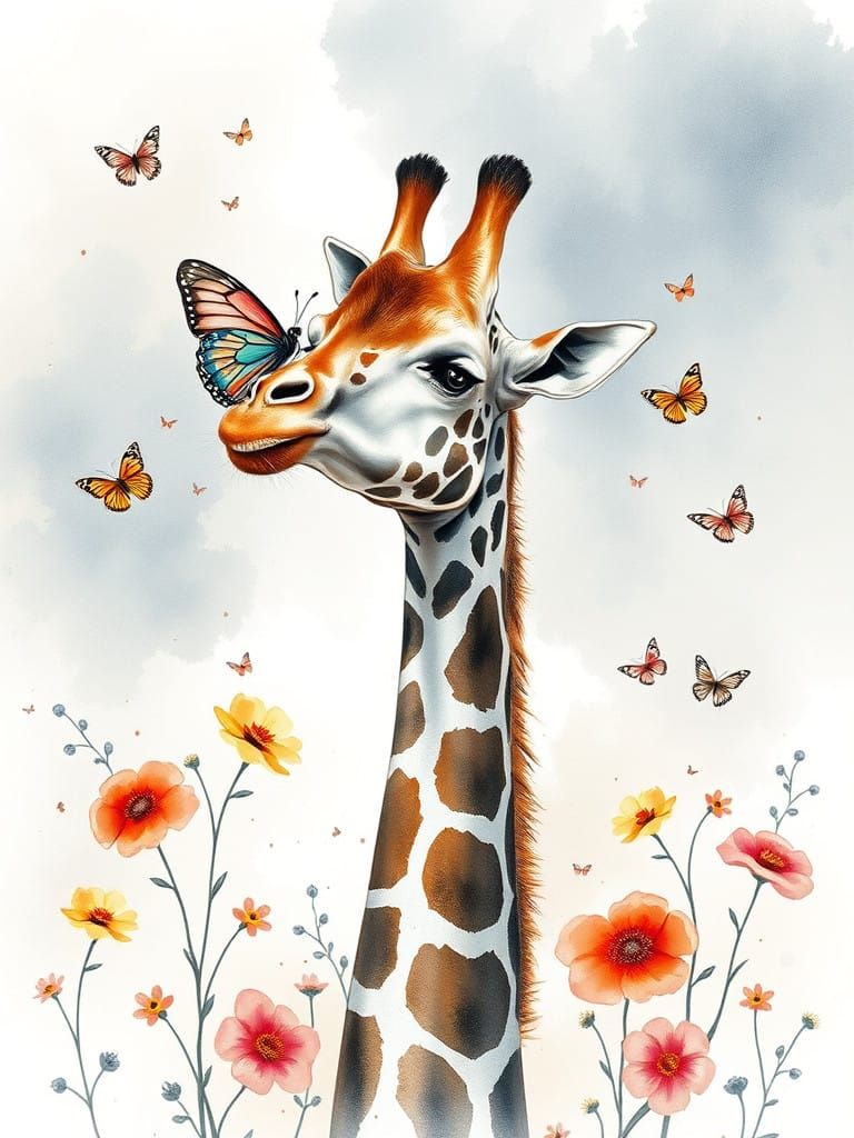 Whimsical Watercolor and Ink Illustration of a Giraffe in a....