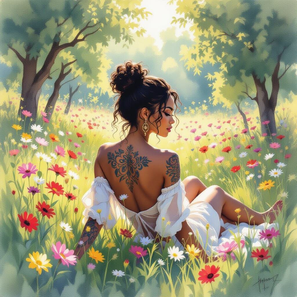 Watercolor Painting of Woman in Wildflower Field