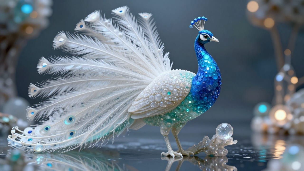 Gemstone Peacock Statue on Reflective Surface