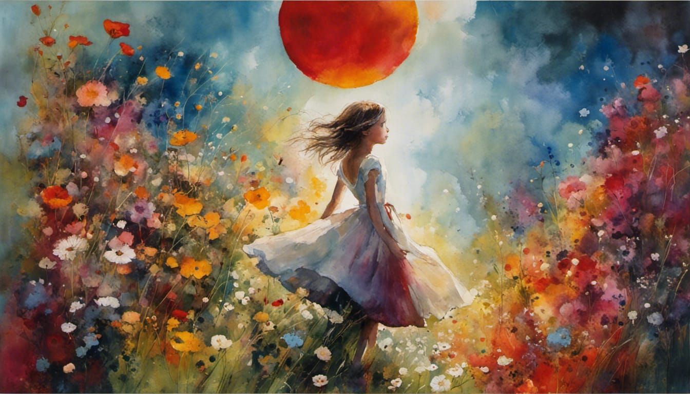 Girl in a Blooming Flower Meadow