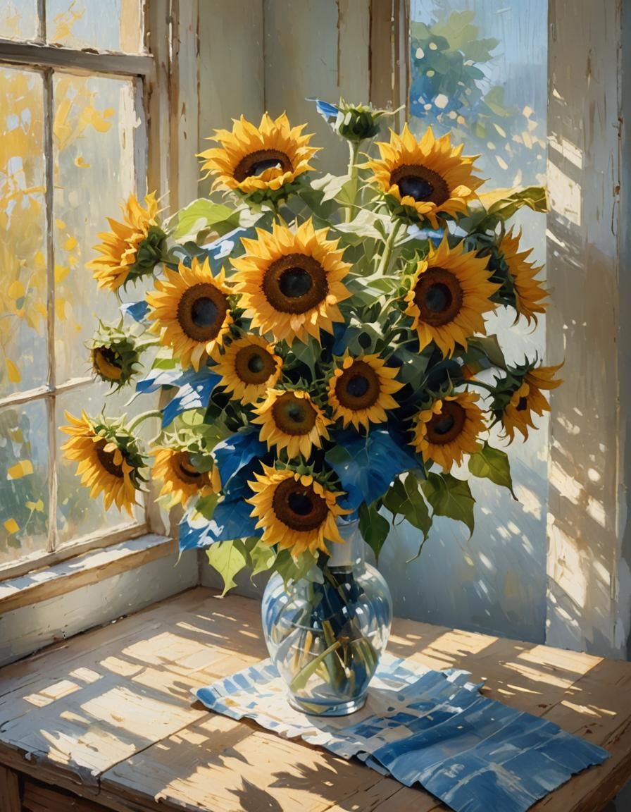Impressionist Sunflowers Still Life with Painterly Texture