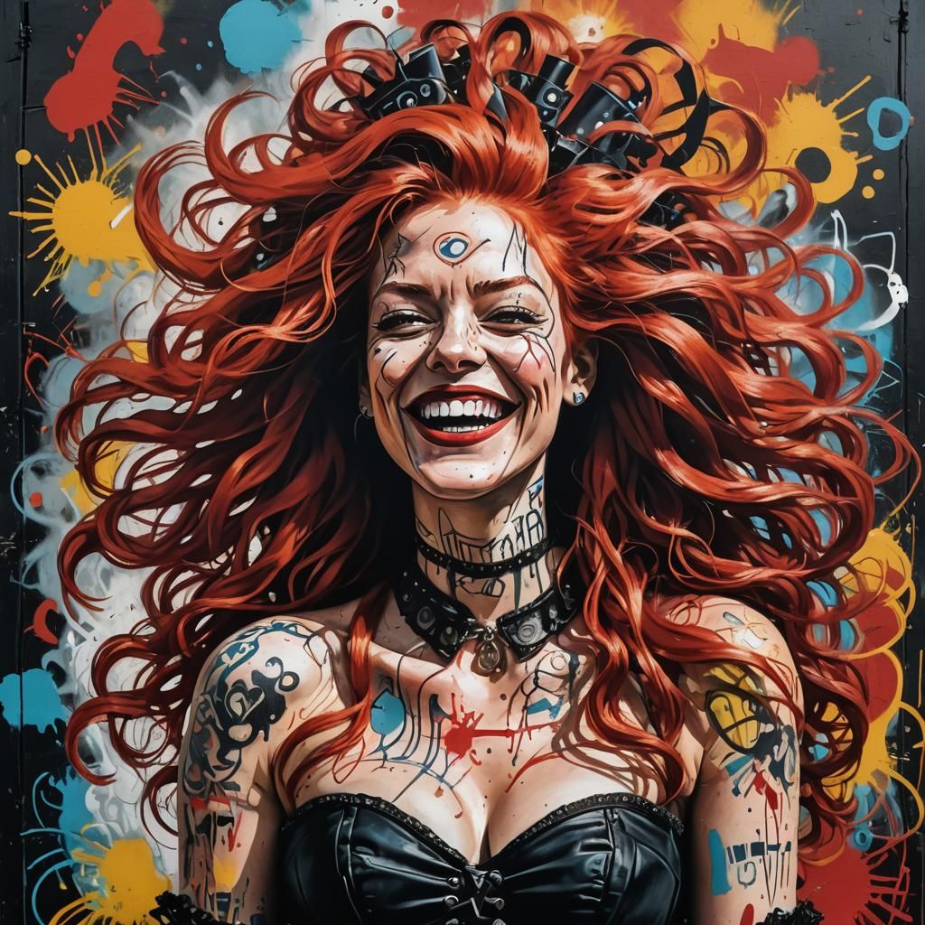 Graffiti Portrait: Red-Haired Woman Laughing
