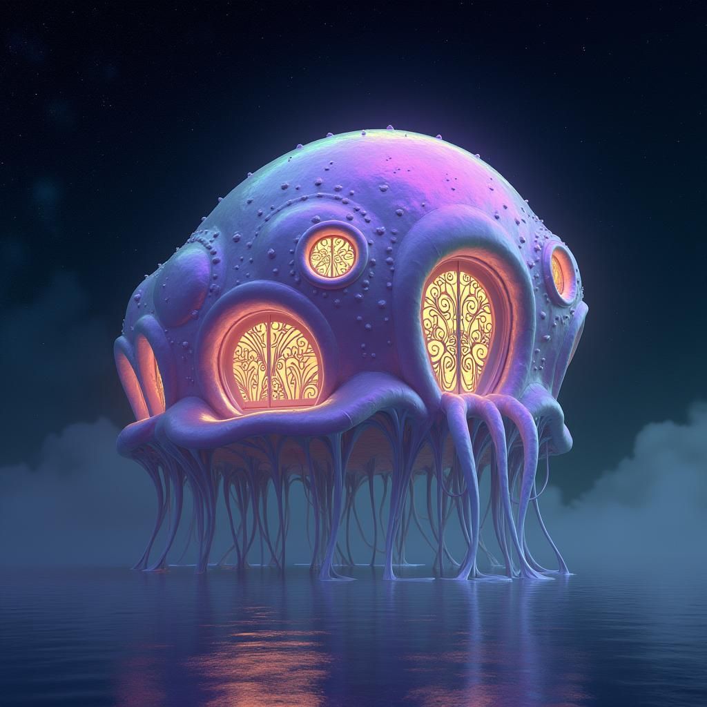 Iridescent Jellyfish House in Space as Digital Art