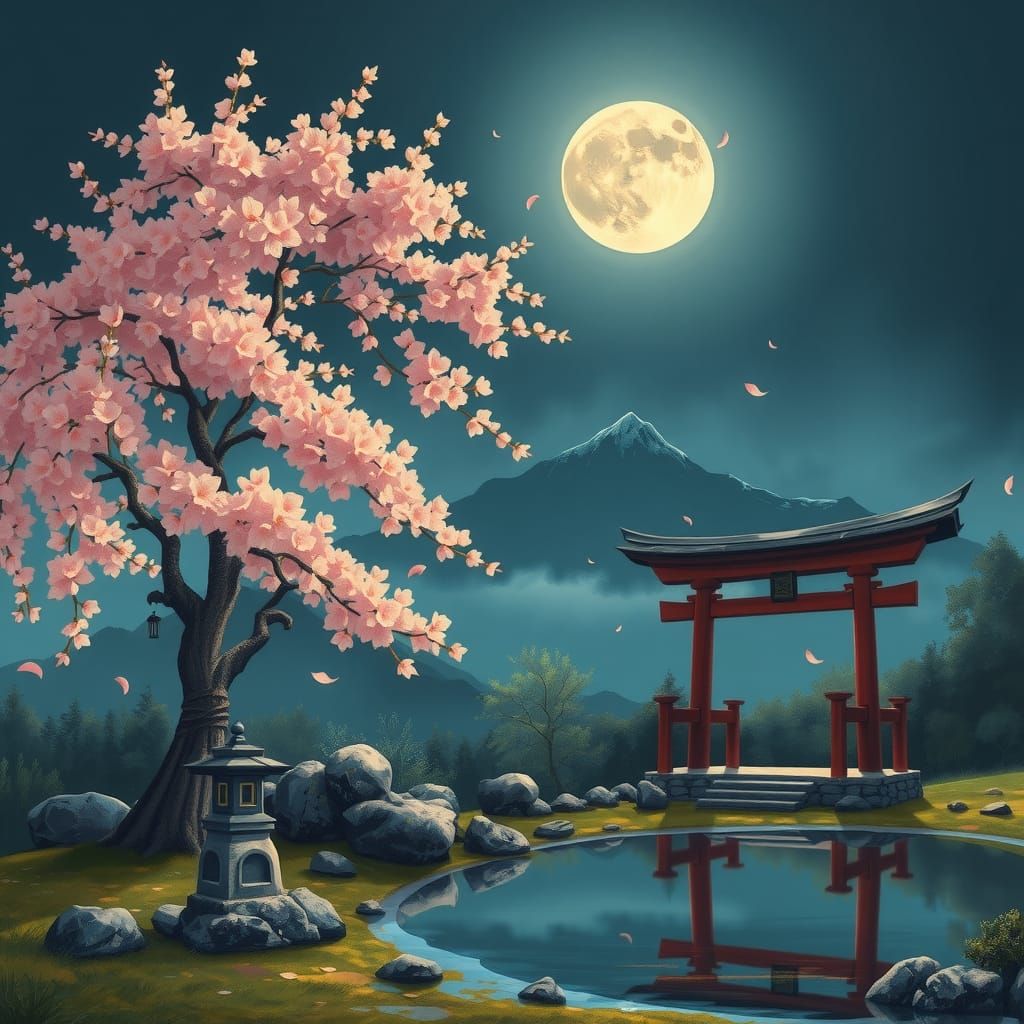 Moonlit Cherry Blossom in Japanese Landscape
