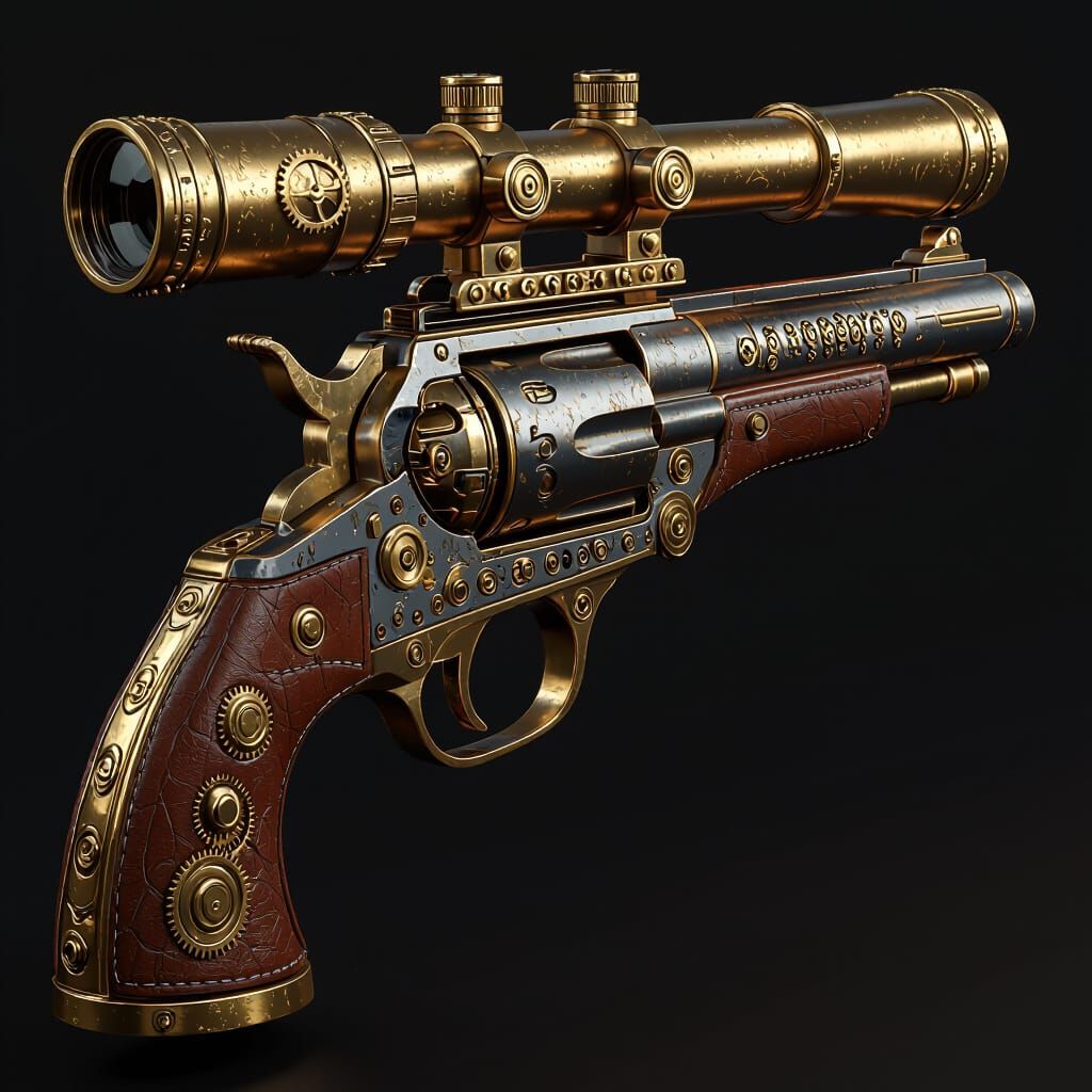 Steampunk Gun with Gears and Telescope, 3D Render