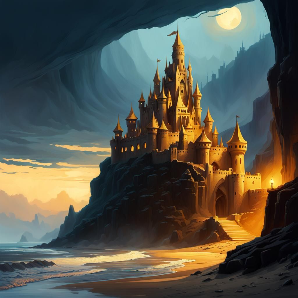 Majestic Sand Castle at Twilight: Dark Fantasy Art
