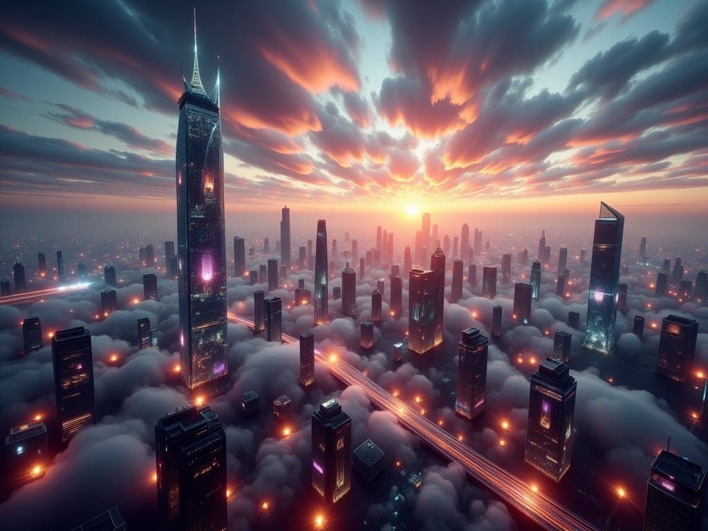 Cyberpunk Cityscape at Sunset in Photorealistic Style