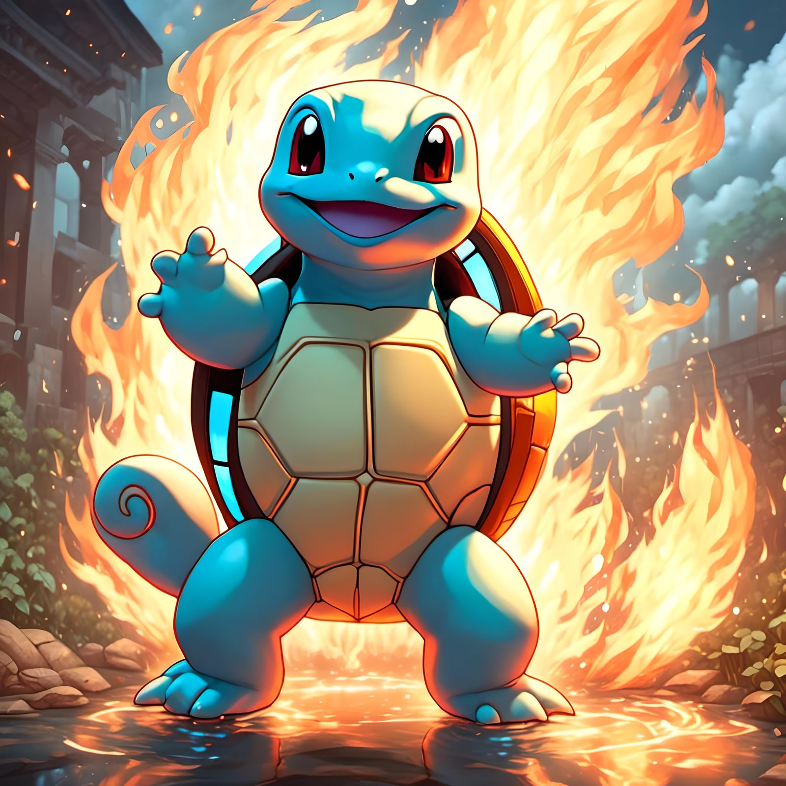 Anime Squirtle Extinguishes Fire With Water