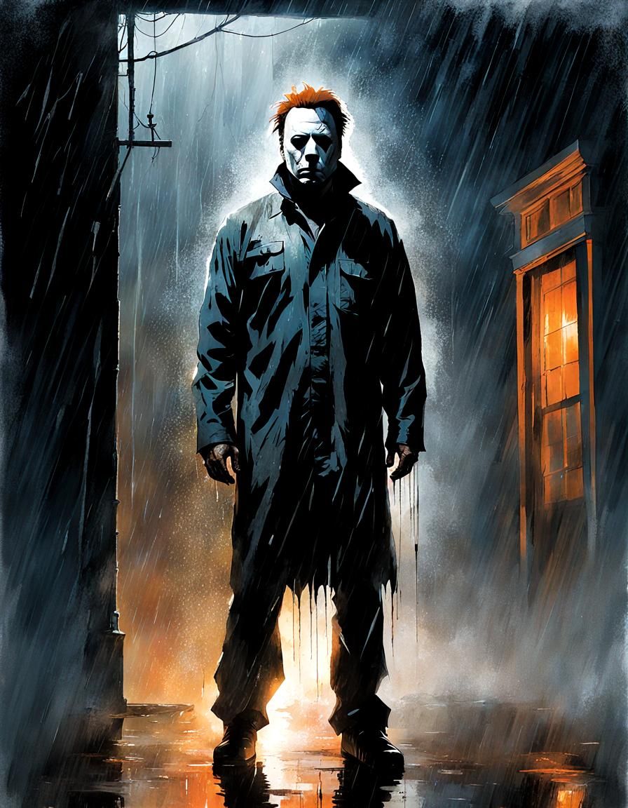 Dramatic Michael Myers in Rain, Graphic Novel Style