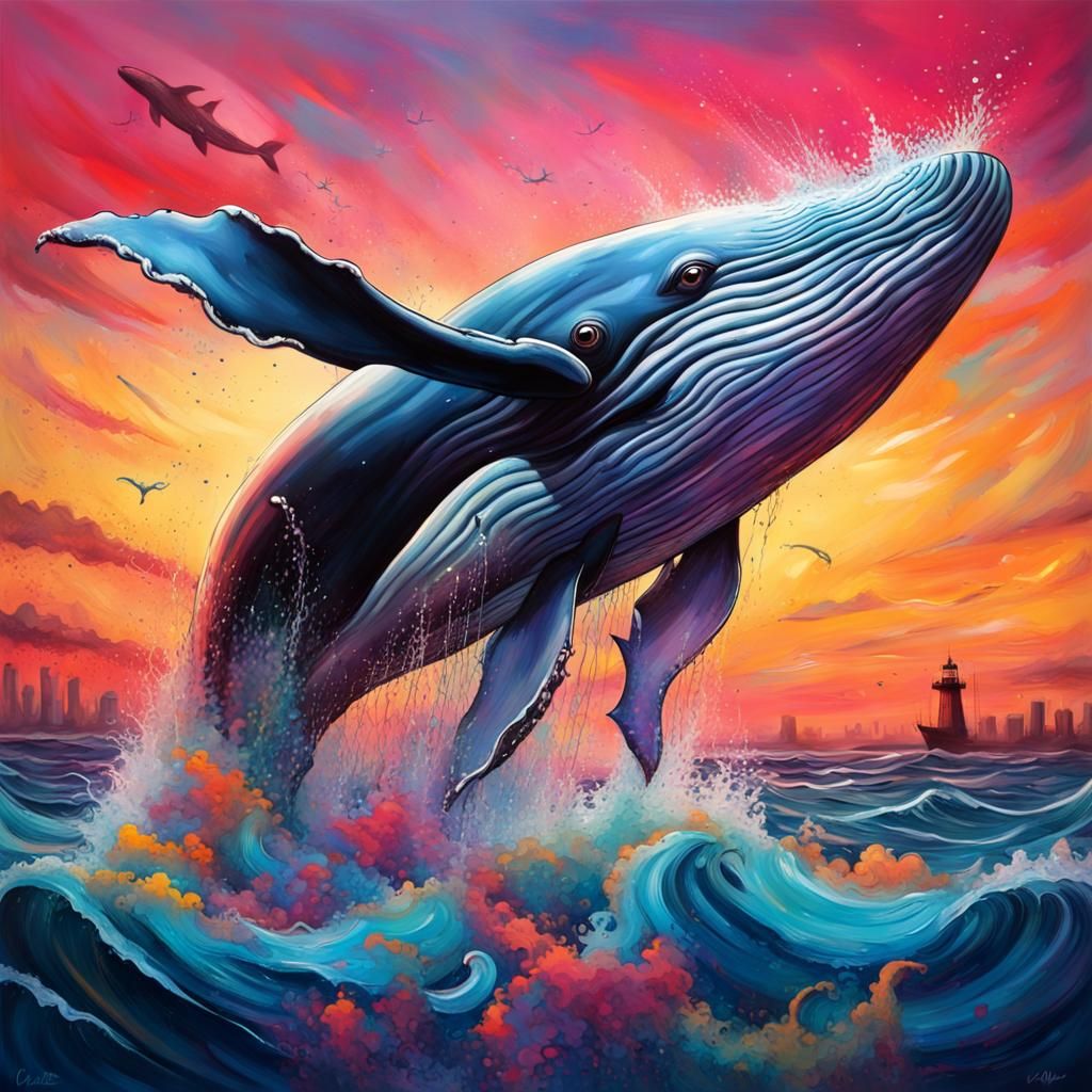 Graffiti Whale at Sunset: Colorful Splash Art