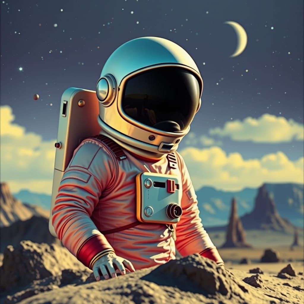 Retro Astronaut Exploring Alien Planet