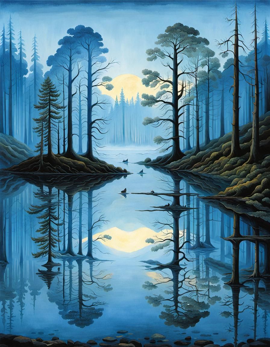 Lost in multi-reflections in nature water and mirrors blue C...