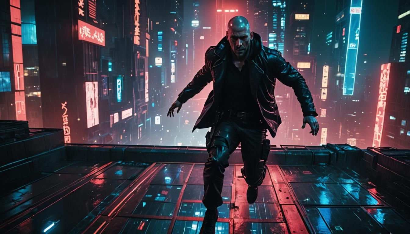 Cyberpunk Detective Chasing Leaper in Neon Cityscape