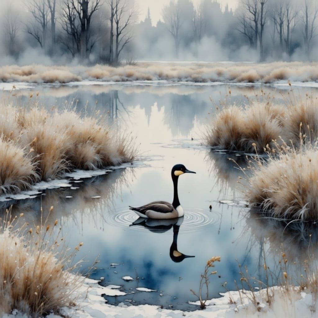Great Crested Grebe on Frozen Lake: Watercolor