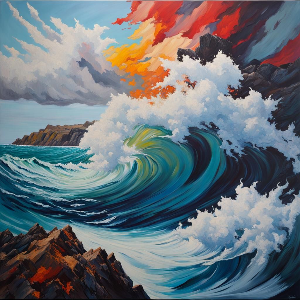 Violent Sea in Impasto Style with Stormy Sky