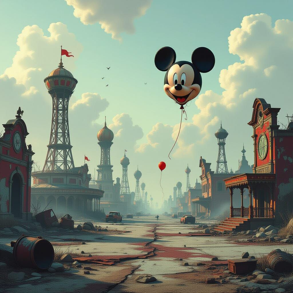 Post-Apocalyptic Mickey Mouse Balloon in Ruined Kingdom