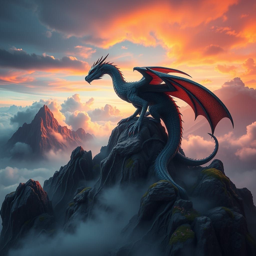 Majestic Dragon Perched on a Misty Mountain Peak