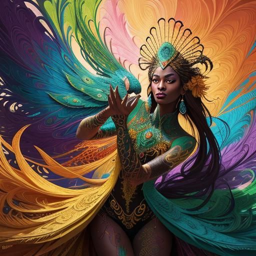 Dragon Peacock Woman in Abstract Expressionist Style