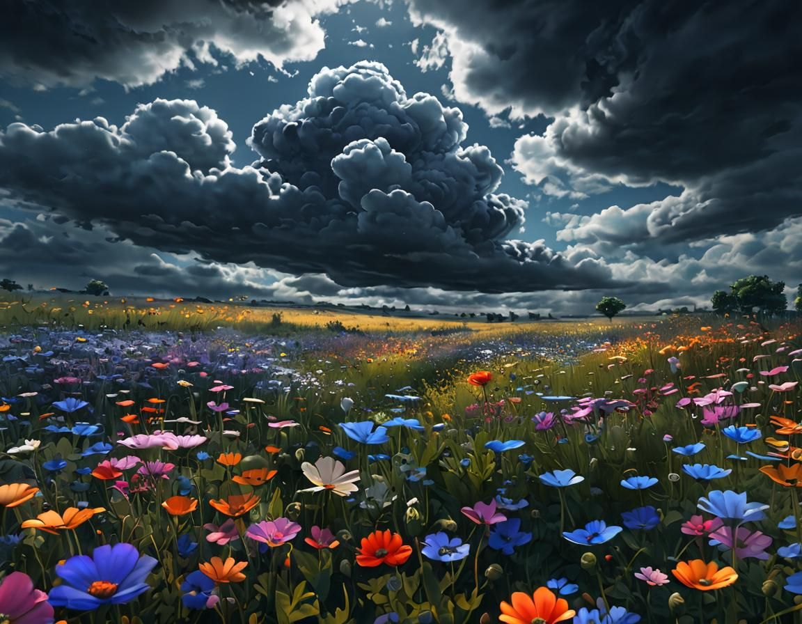 Wildflower Field Under Moody Sky in 3D Anime Art