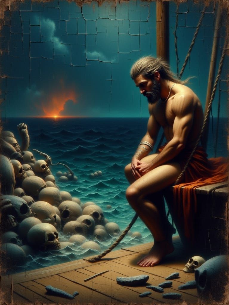 Odysseus Bound to Mast Amidst Sirens and Skulls