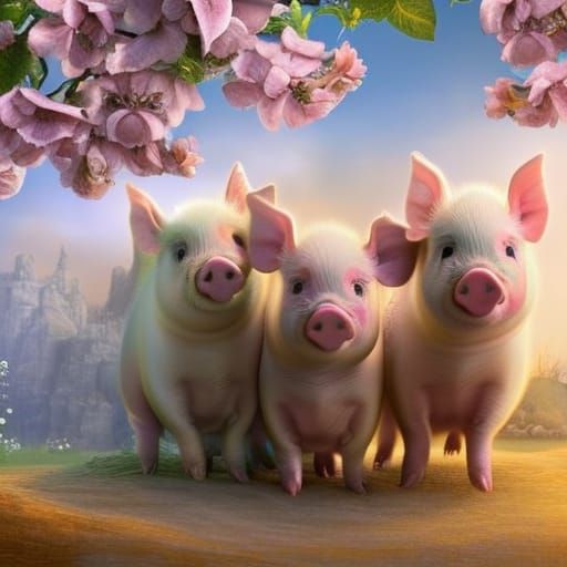 Three Happy Little Pigs by a Blooming Tree