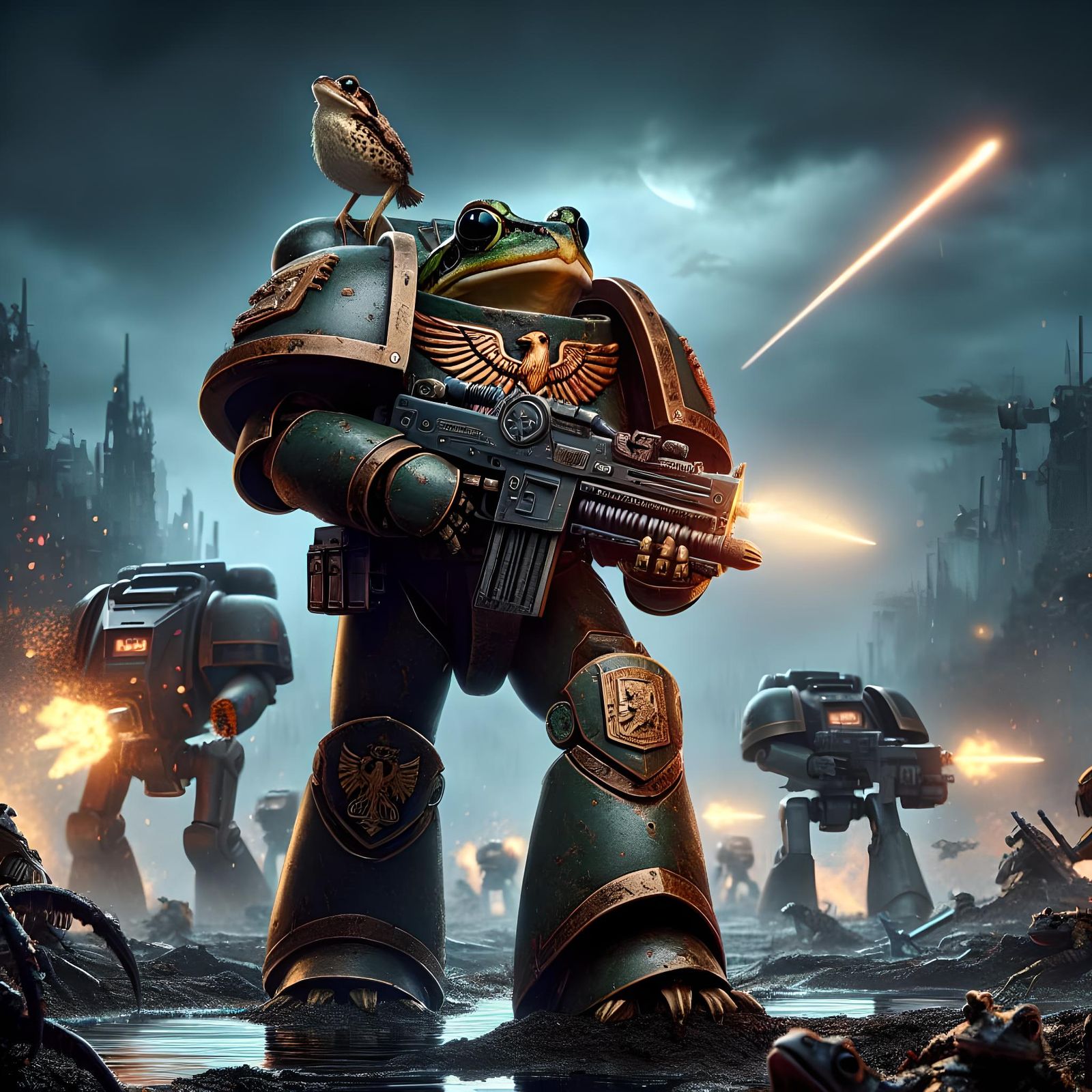 Armored Frog Warrior in Grimdark Battlefield Setting