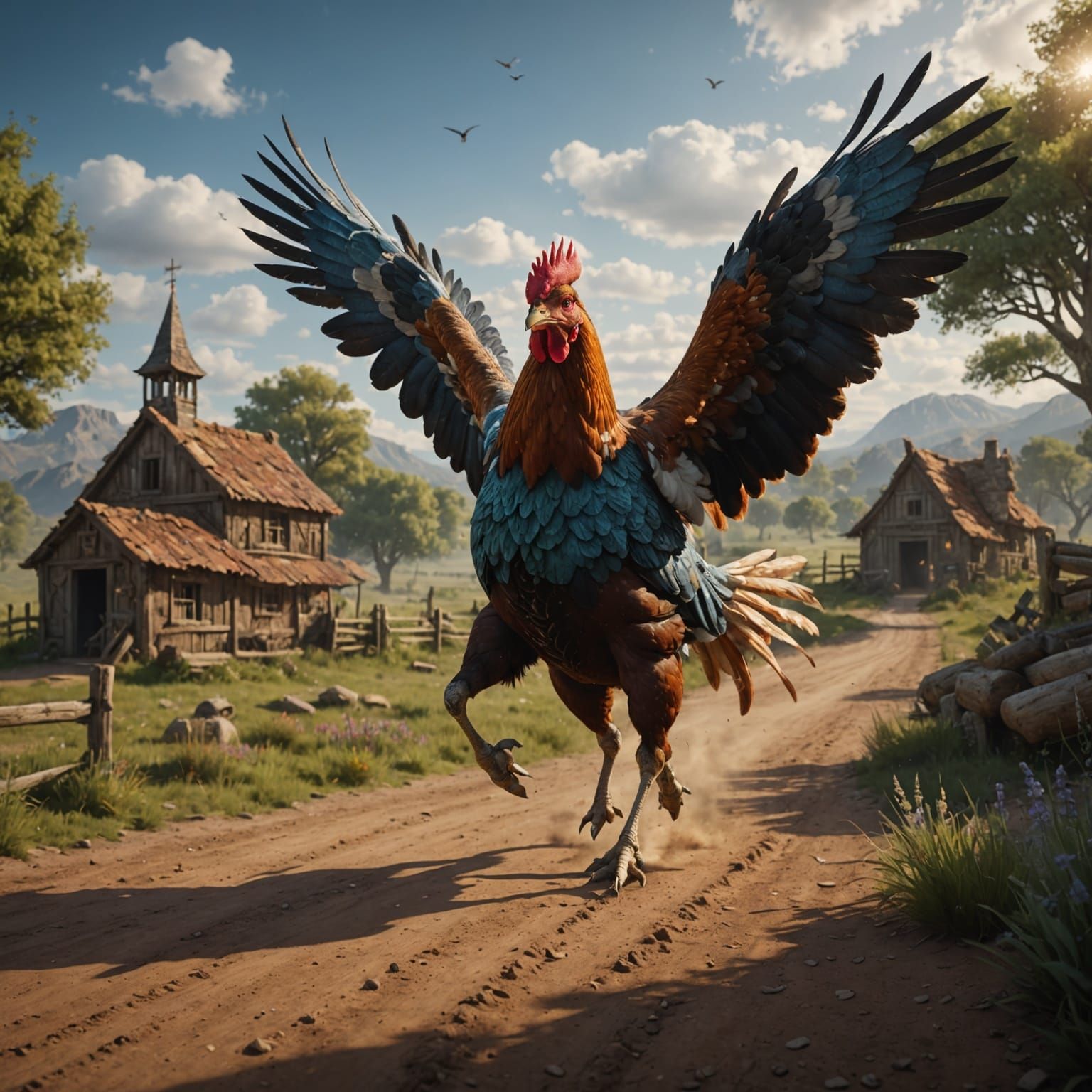 Majestic Fantasy Steed Approaches a Bird on a Dirt Road