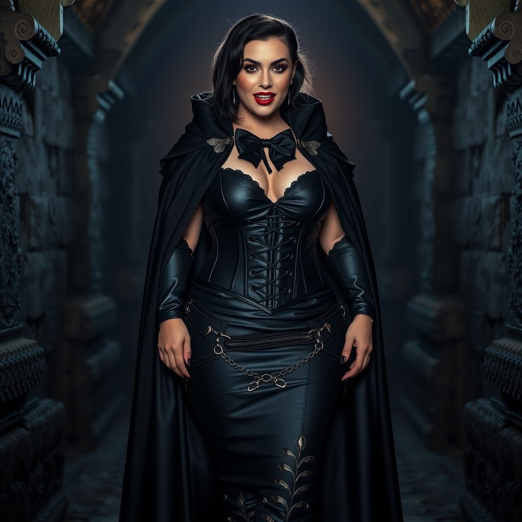 Gothic Vampire Woman in Dracula Cape with Sharp Fangs