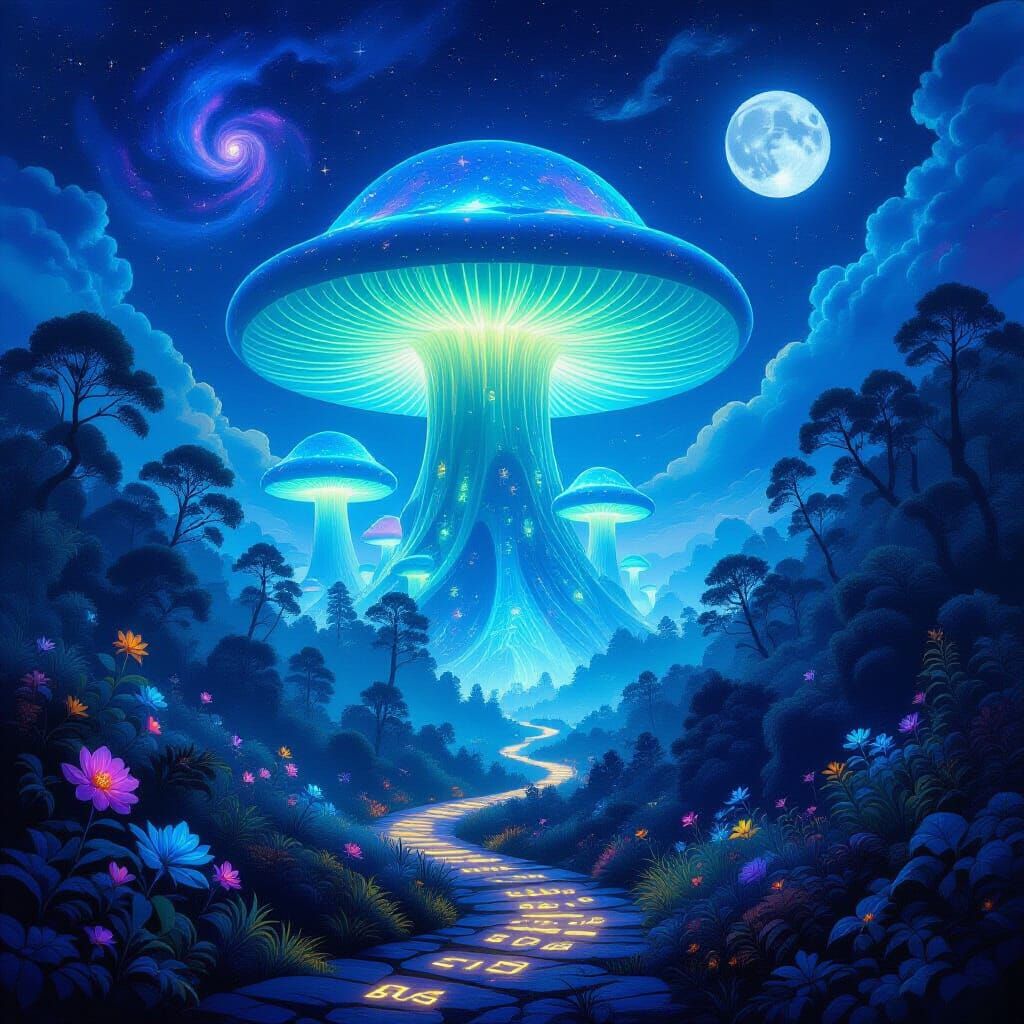 Surreal Bioluminescent Mushroom Forest Under Twilit Sky