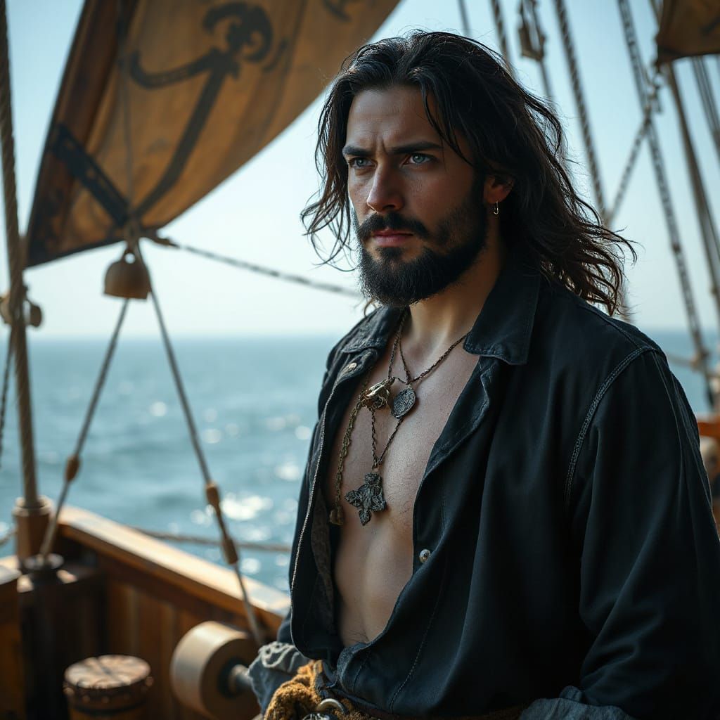 Handsome Pirate Captain Gazing at Sea in HDR