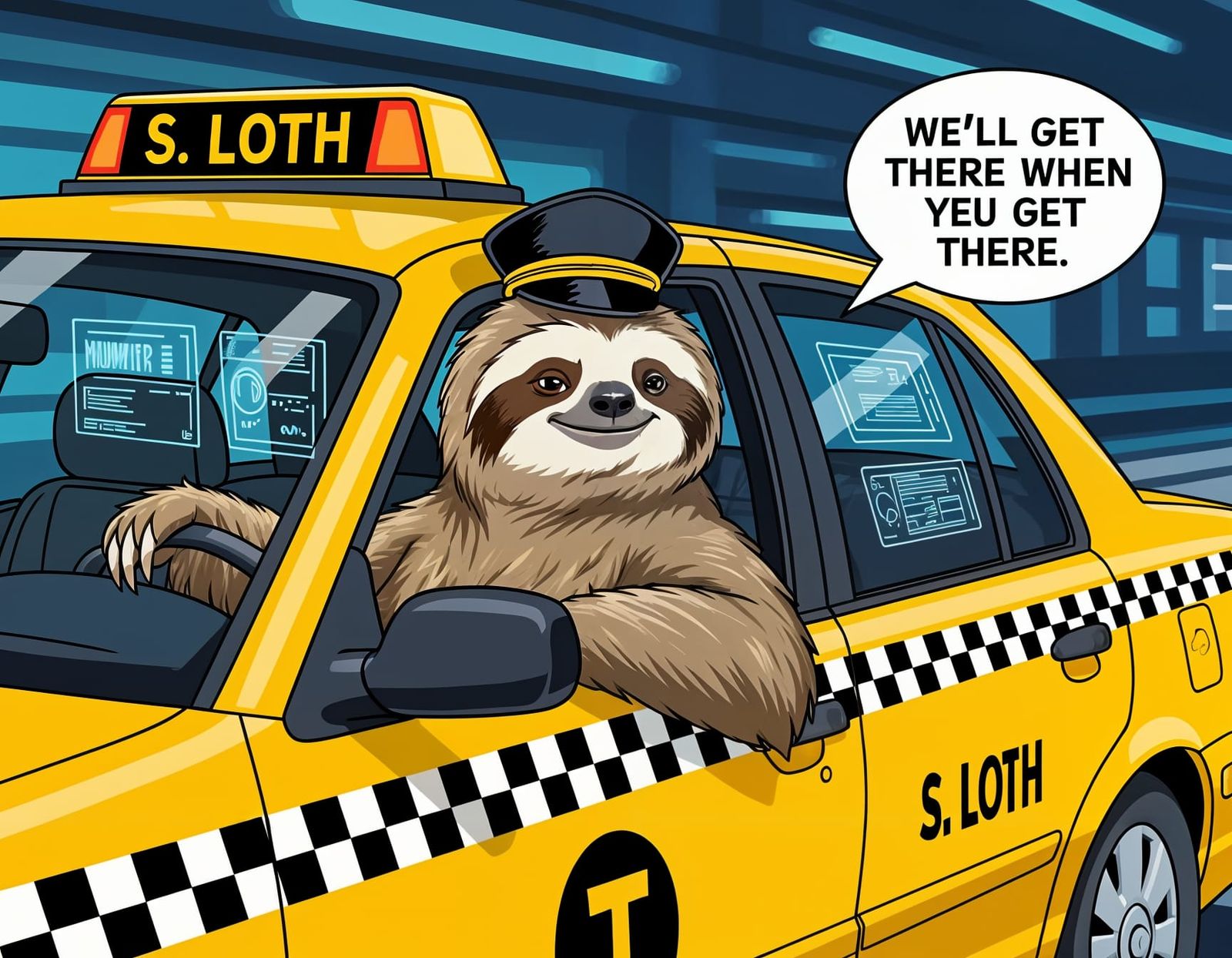 Sloth Taxi Driver in Futuristic Yellow Cab