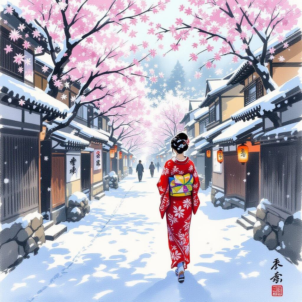 Serene Woman Strolls Snowy Streets with Queen Ann's Lace