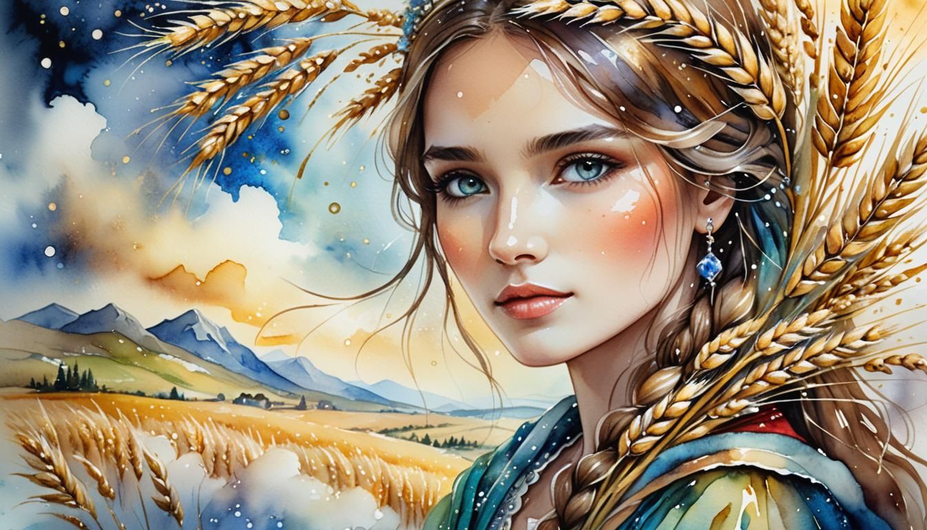 Watercolor Portrait of Woman with Wheat in Fairy Tale Style