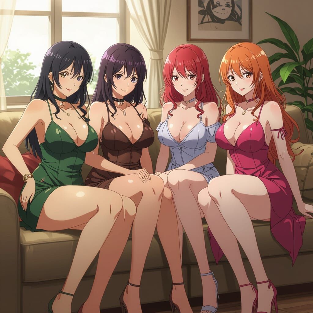 Anime Women on Couch in Vibrant Style