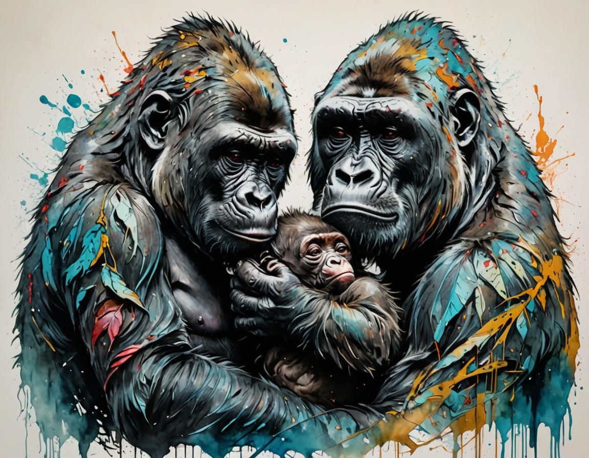 Abstract Gorilla Mother and Baby in Complementary Colors