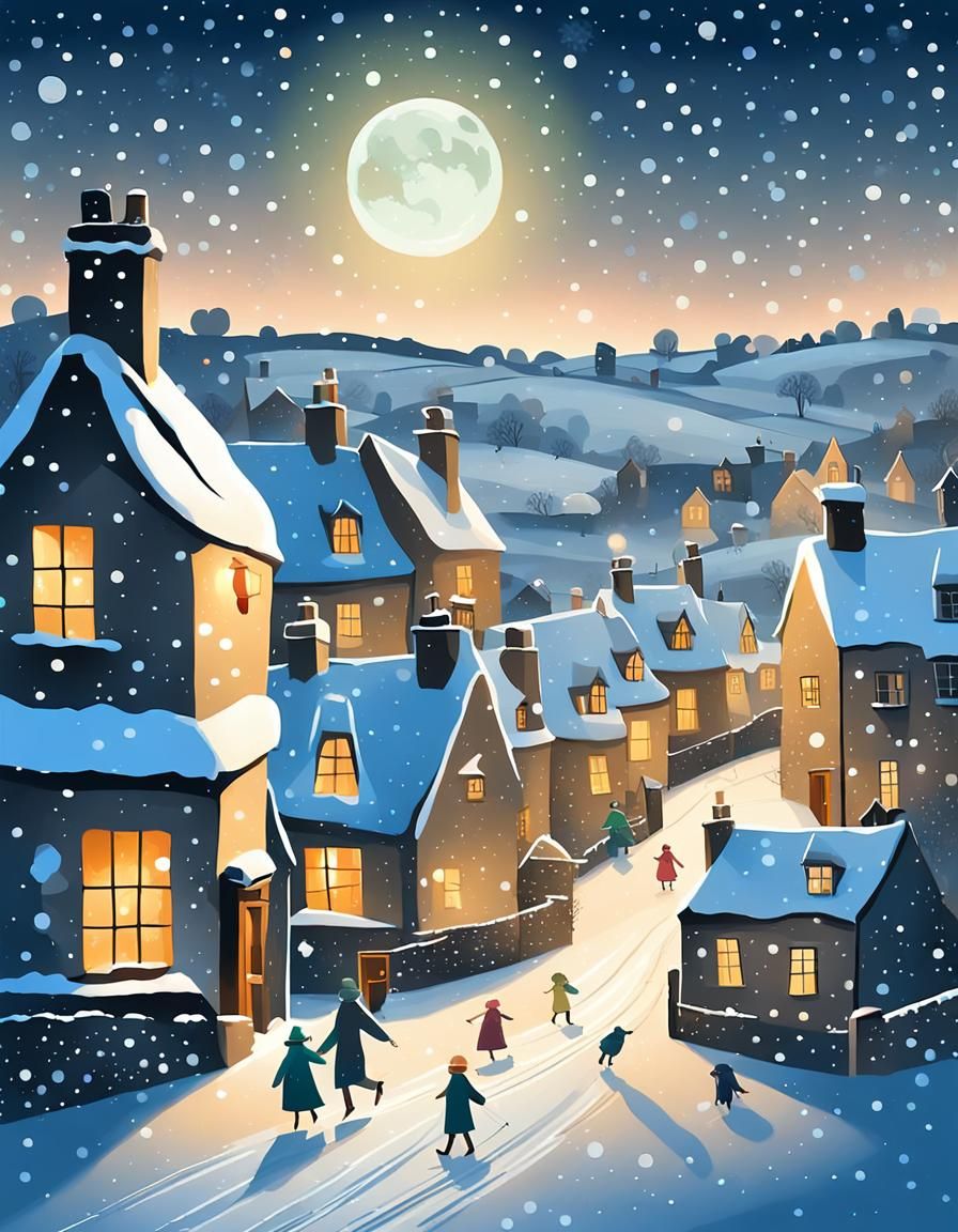 Snowy Cotswolds Village at Night in Magical Realism