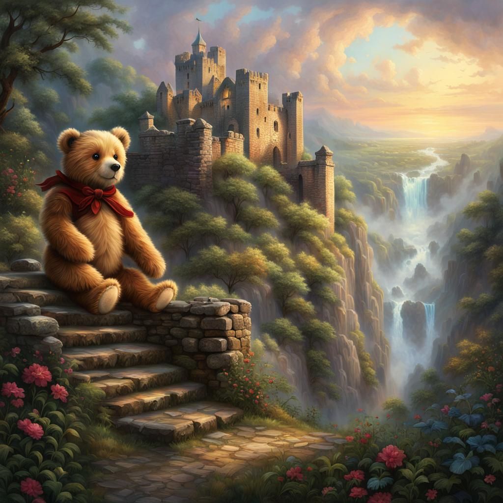 Magical Glimmering Teddy Bear in Ethereal Ruins