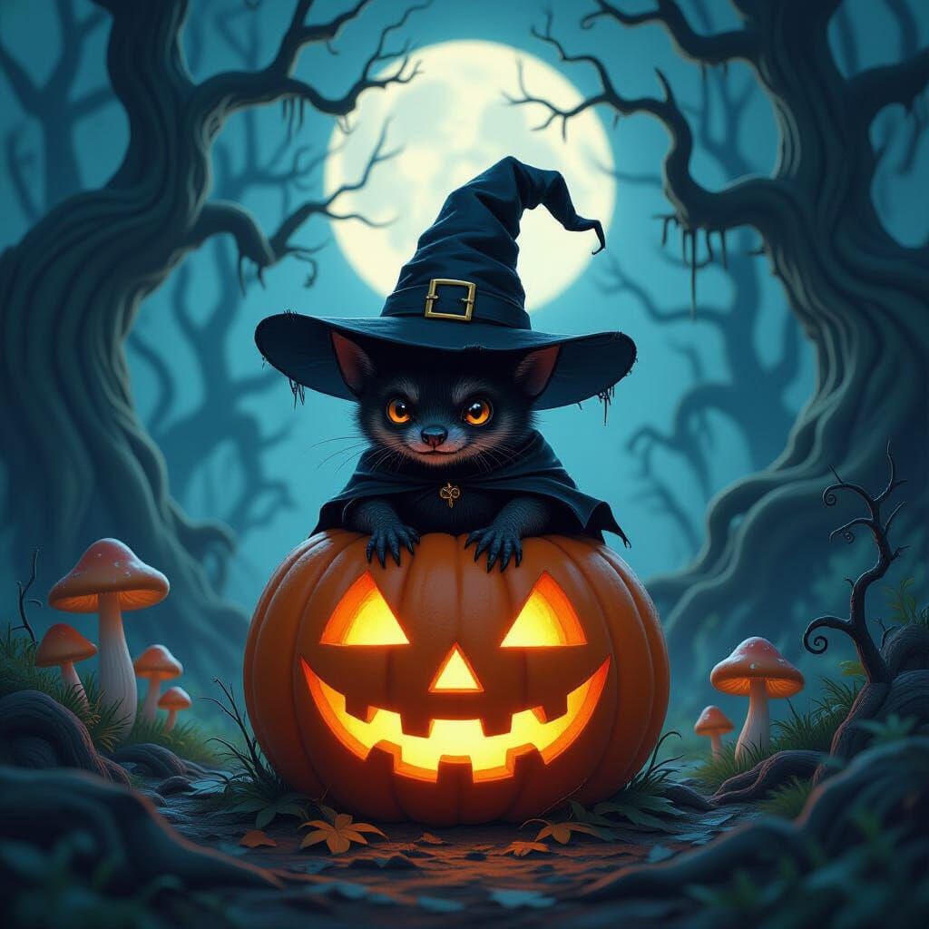 Gothic Vampire Bat on Luminous Pumpkin in Moonlit Forest
