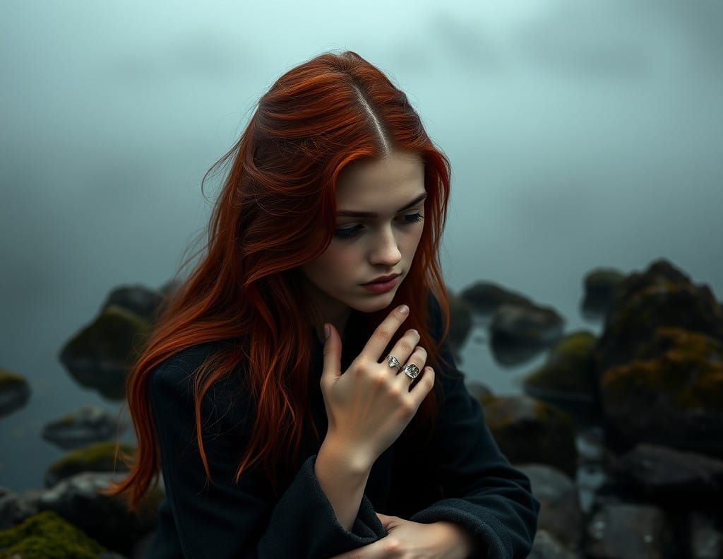 Melancholic Young Woman Contemplating Depression by Water's...