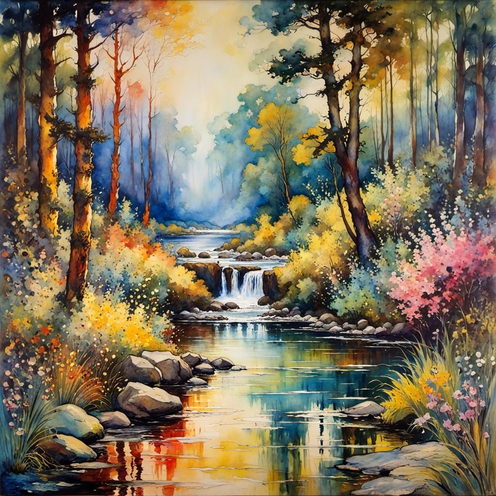 Encaustic Summerscape Landscape in Art Nouveau Style