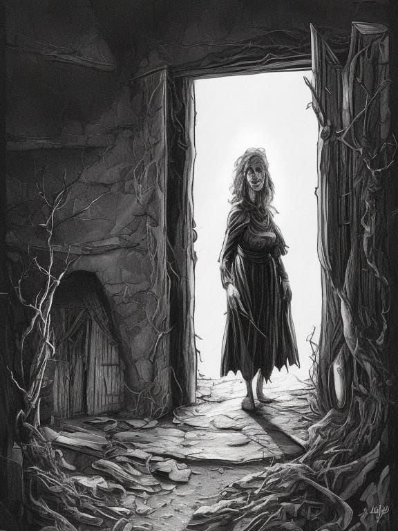 Eldritch Hag at Cottage Door: Gothic Comic Art